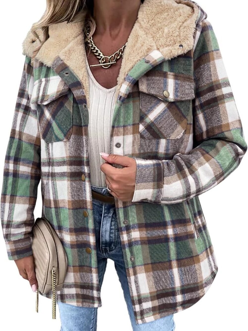 Cozy Hooded Flannel Plaid Shacket | Fleece Lined Warm Jacket for Women